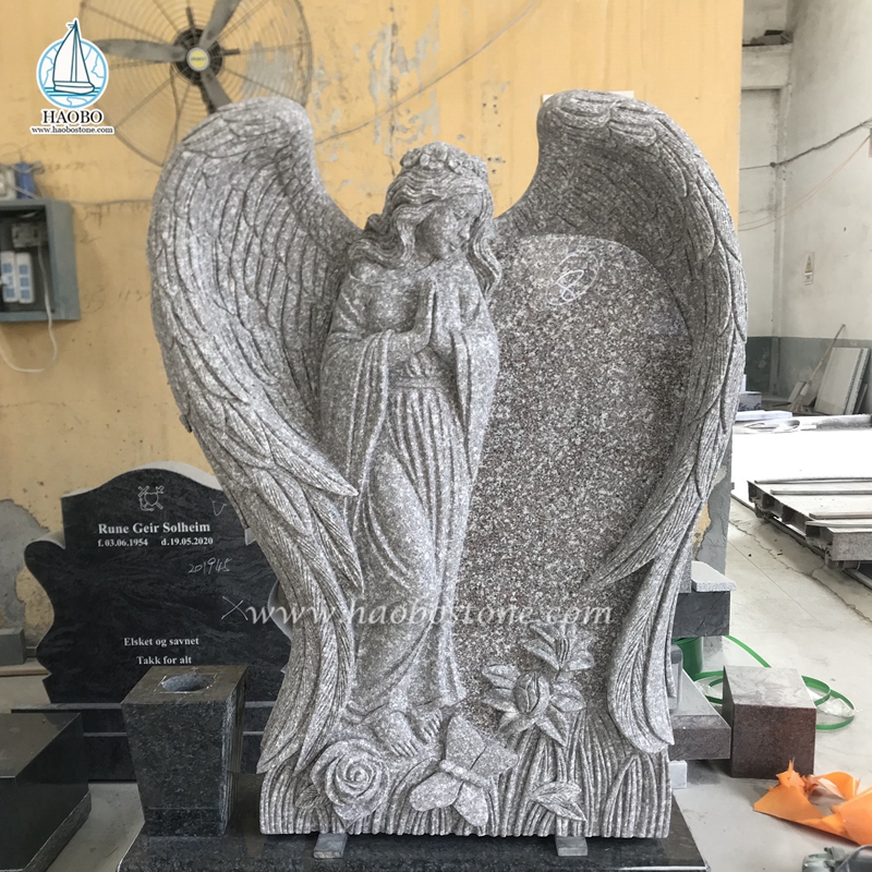 Φυσική Πέτρα G635 Γρανίτης προσευχόμενος άγγελος με σκαλιστή ταφόπετρα σε τριαντάφυλλο πεταλούδα
