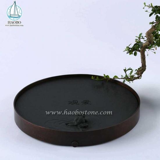 Δίσκος τσαγιού από Φυσική Πέτρα Μαύρος Γρανίτης Κίνας Σχεδιασμός Σκαλιστή Πέτρα
