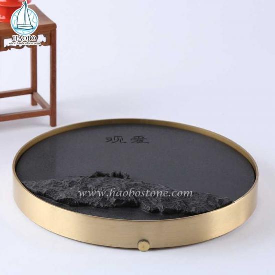 Δίσκος τσαγιού με σκαλιστή πέτρα σχεδίου μαύρου γρανίτη Κίνας
