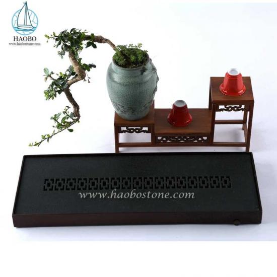 Ορθογώνιος δίσκος τσαγιού με μαύρο γρανίτη China Design Stone Carving
